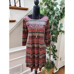 Signature Womens Multicolor Polyester Round Neck Long Sleeve Knee Length Dress M